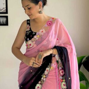 Premium Floral Embroidery Saree - গোলাপি-কালো