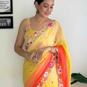 Premium Floral Embroidery Saree - হলুদ-কমলা