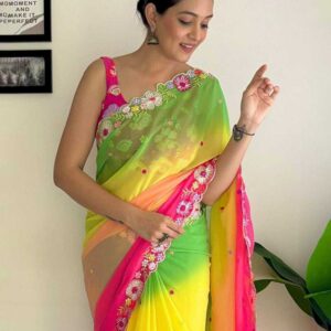 Premium Floral Embroidery Saree - বাসন্তী-সবুজ